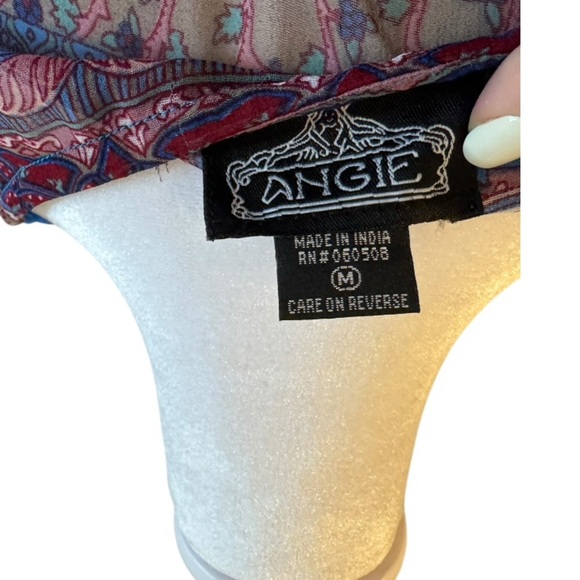 Angie Boho Sheer Paisley Dress Medium Deep V Empire Waist Peasant Sleeve - Picture 4 of 4